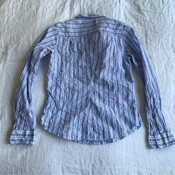 Frank & Eileen Barry Crinkle Cotton Blue Vertical Stripe Button Down Up Shirt - Picture 5 of 8